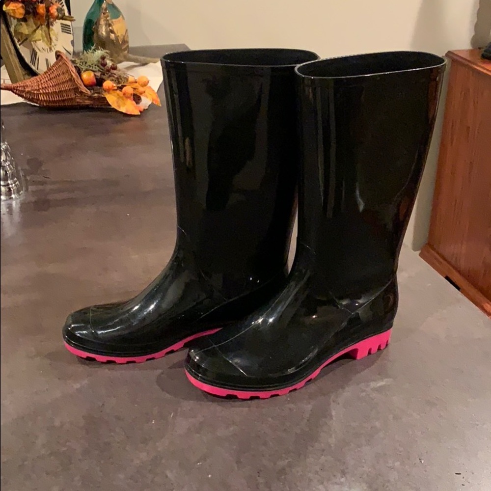 Black Rain Boots with Pink Soles